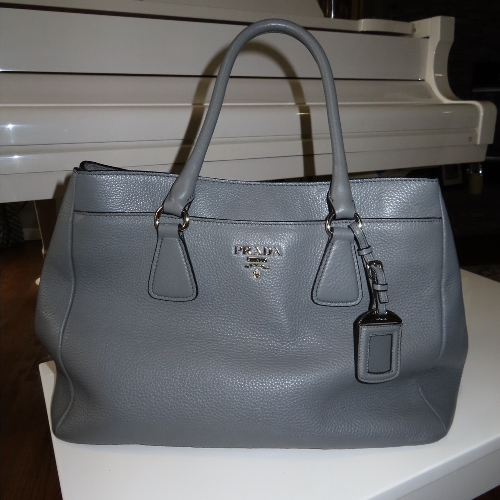 Prada Gray Textured Leather Tote with Badge Charm